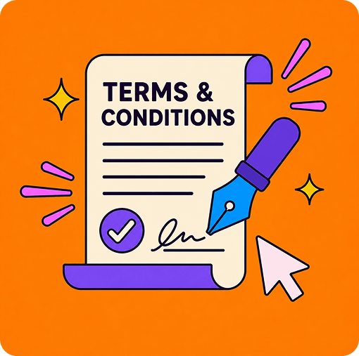 A document titled "TERMS & CONDITIONS" is signed by a blue fountain pen, surrounded by colorful sparkles and an arrow cursor on orange background.