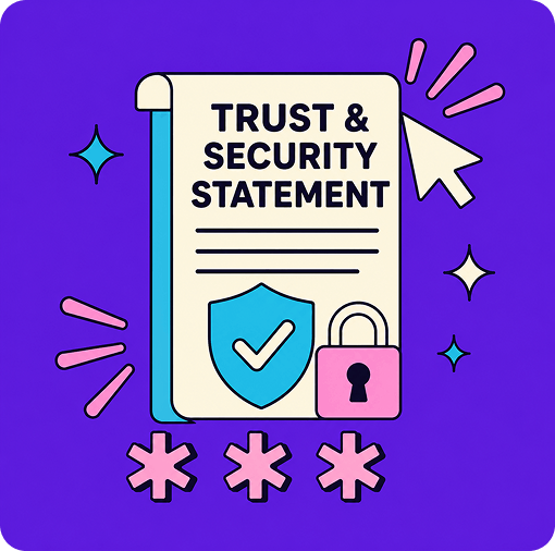 A purple background features a document labeled "TRUST & SECURITY STATEMENT" with a shield and lock symbol below it, surrounded by stars and a cursor icon.