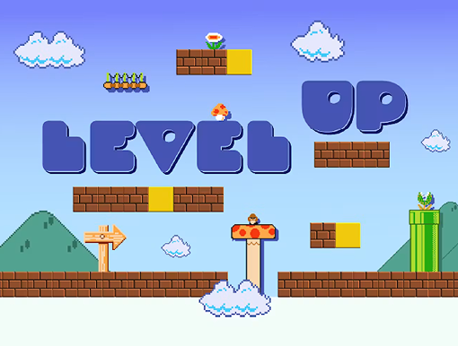 "Level up screen featuring pixelated bricks, mushrooms, and clouds in a classic game-style layout."