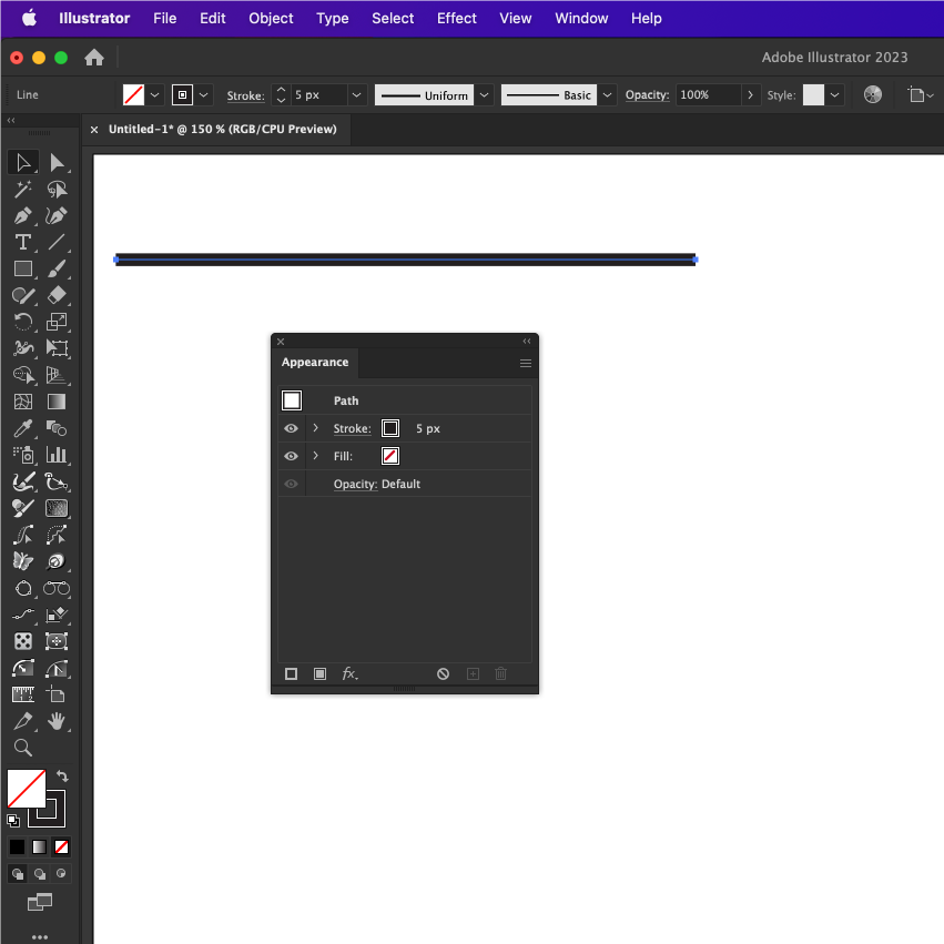 Adobe Illustrator 2023 interface showing a line with stroke settings and appearance panel.