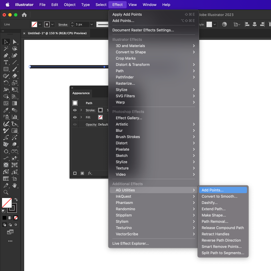 Adobe Illustrator interface showing the Effect menu with options like Add Points, Convert to Shape, and Warp.