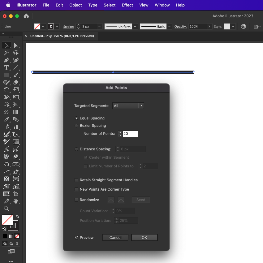 Adobe Illustrator 2023 interface showing the 'Add Points' dialog box with settings for adding points to a line.
