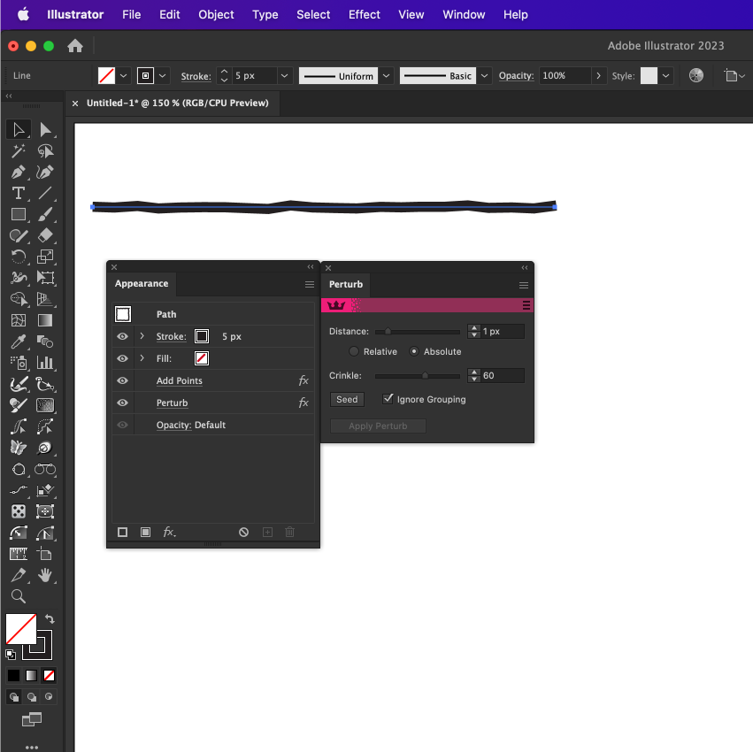 Adobe Illustrator 2023 interface showing a line with stroke settings and perturbation effects.