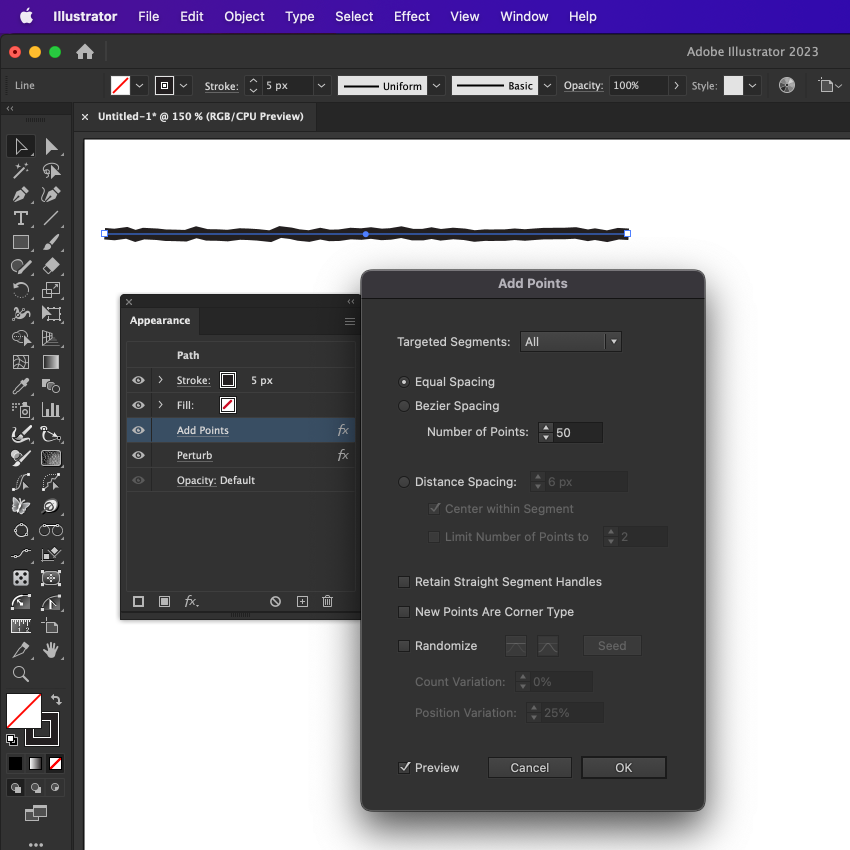 Adobe Illustrator 2023 interface showing 'Add Points' dialog with settings for path editing.
