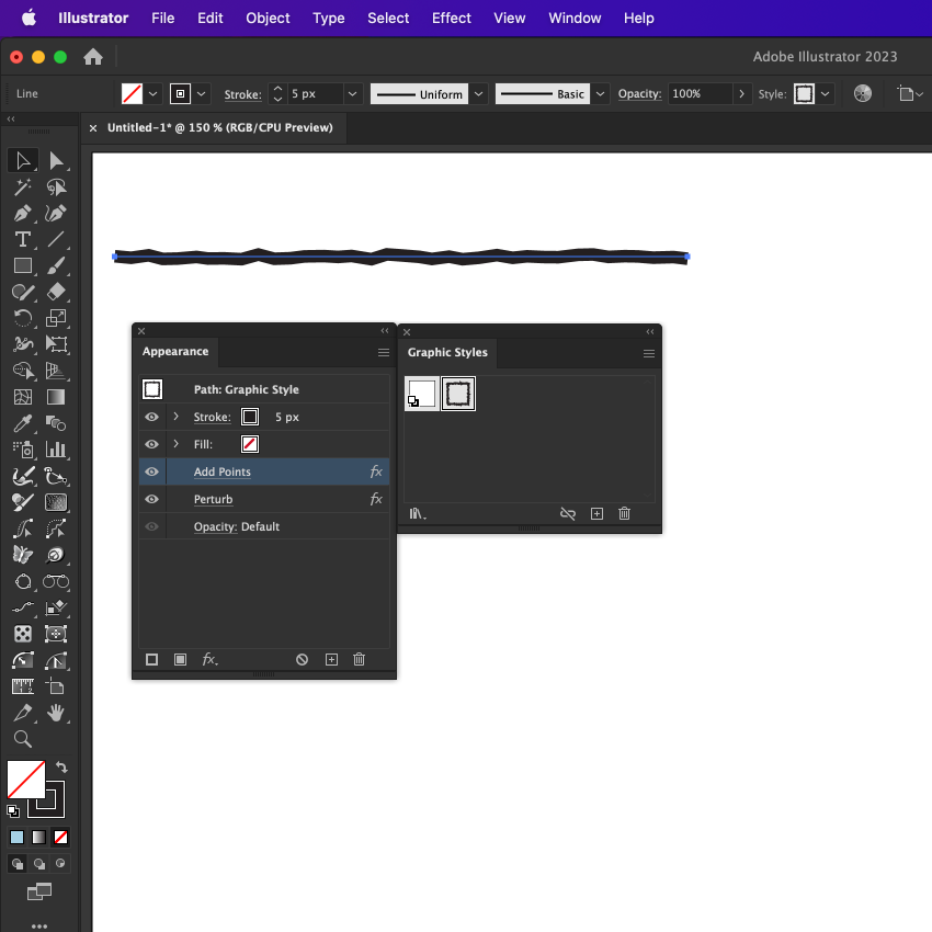Adobe Illustrator 2023 workspace showing a wavy line, Appearance panel with Add Points option, and Graphic Styles panel.