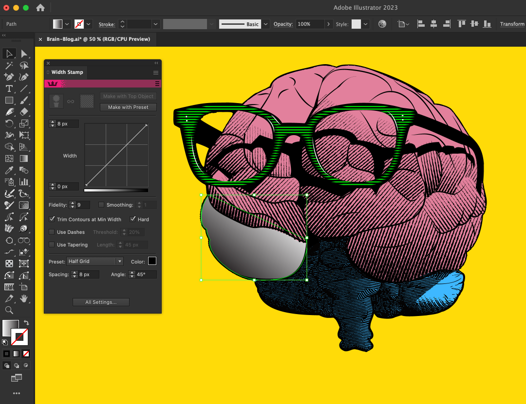 Adobe Illustrator 2023 screen showing a brain with green glasses, set against a yellow background.