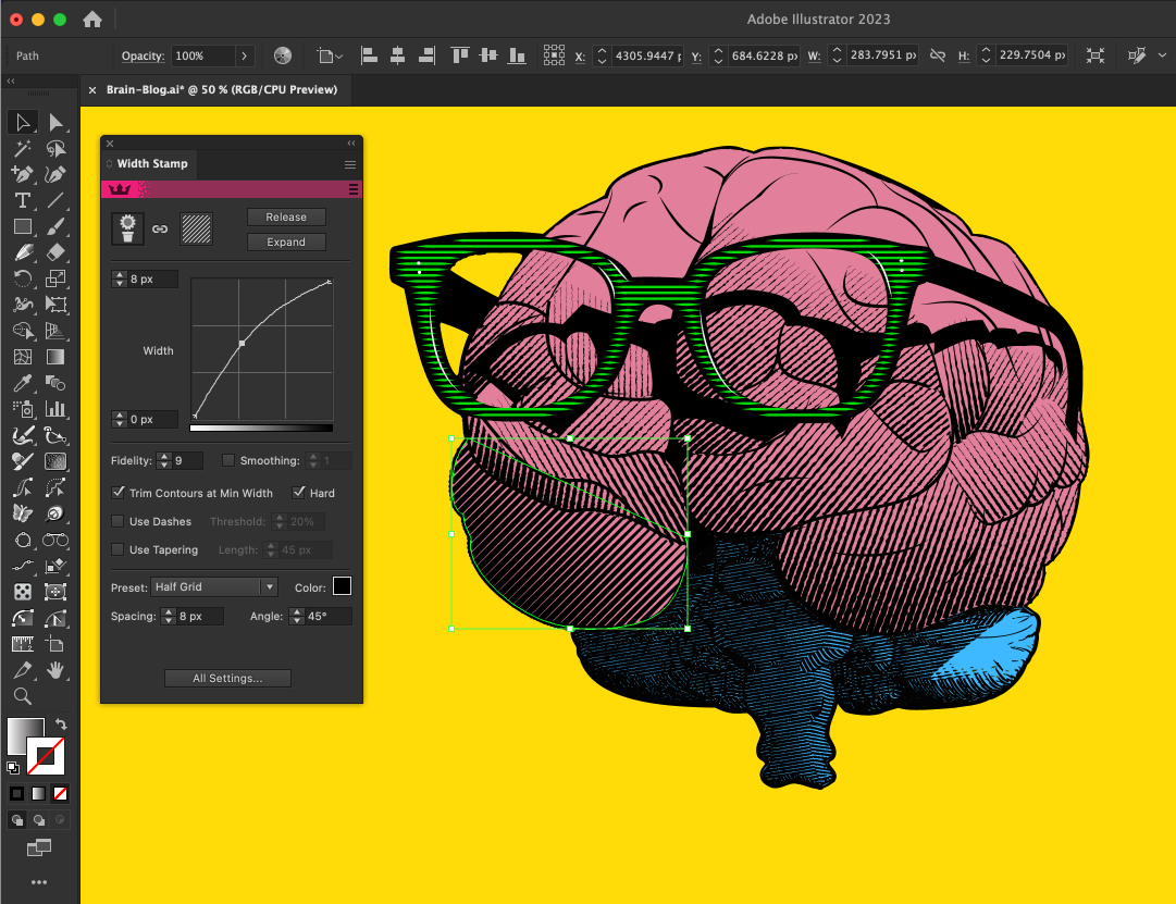 Adobe Illustrator 2023 interface showing a brain with glasses on a yellow background.
