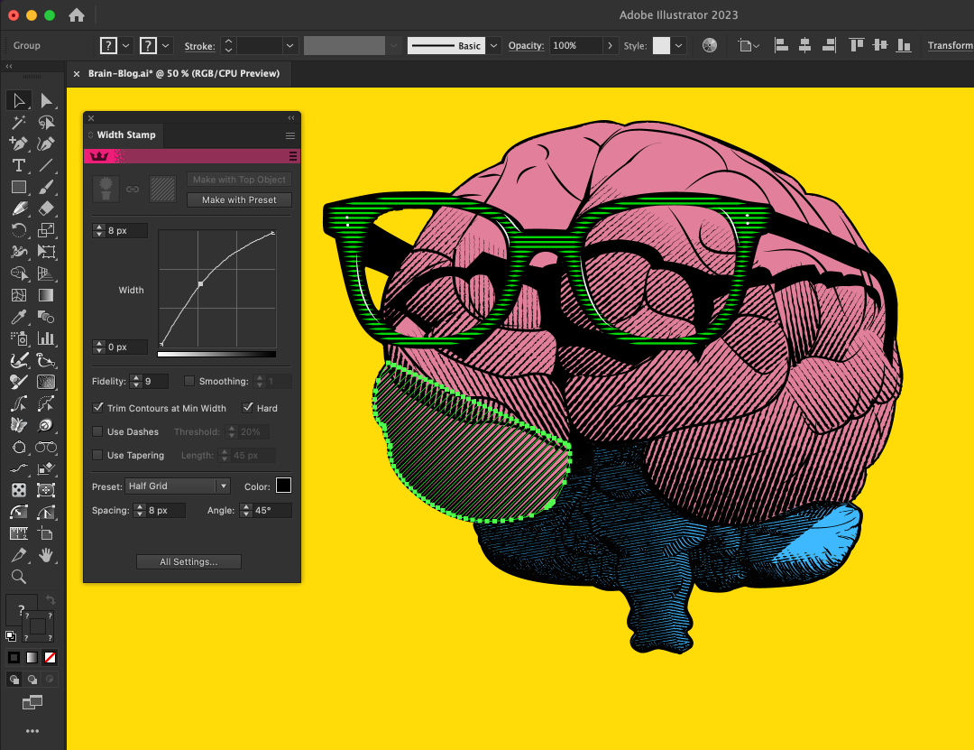 Adobe Illustrator 2023 interface showing a brain with glasses against a yellow background.