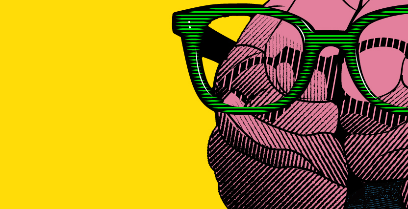 A hand holds a pair of green-rimmed glasses against a bright yellow background.