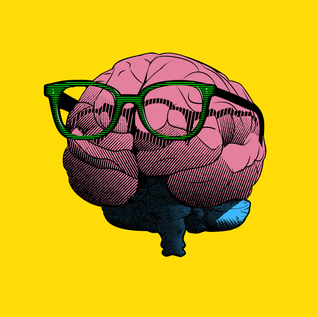A brain with glasses sits against a yellow background.