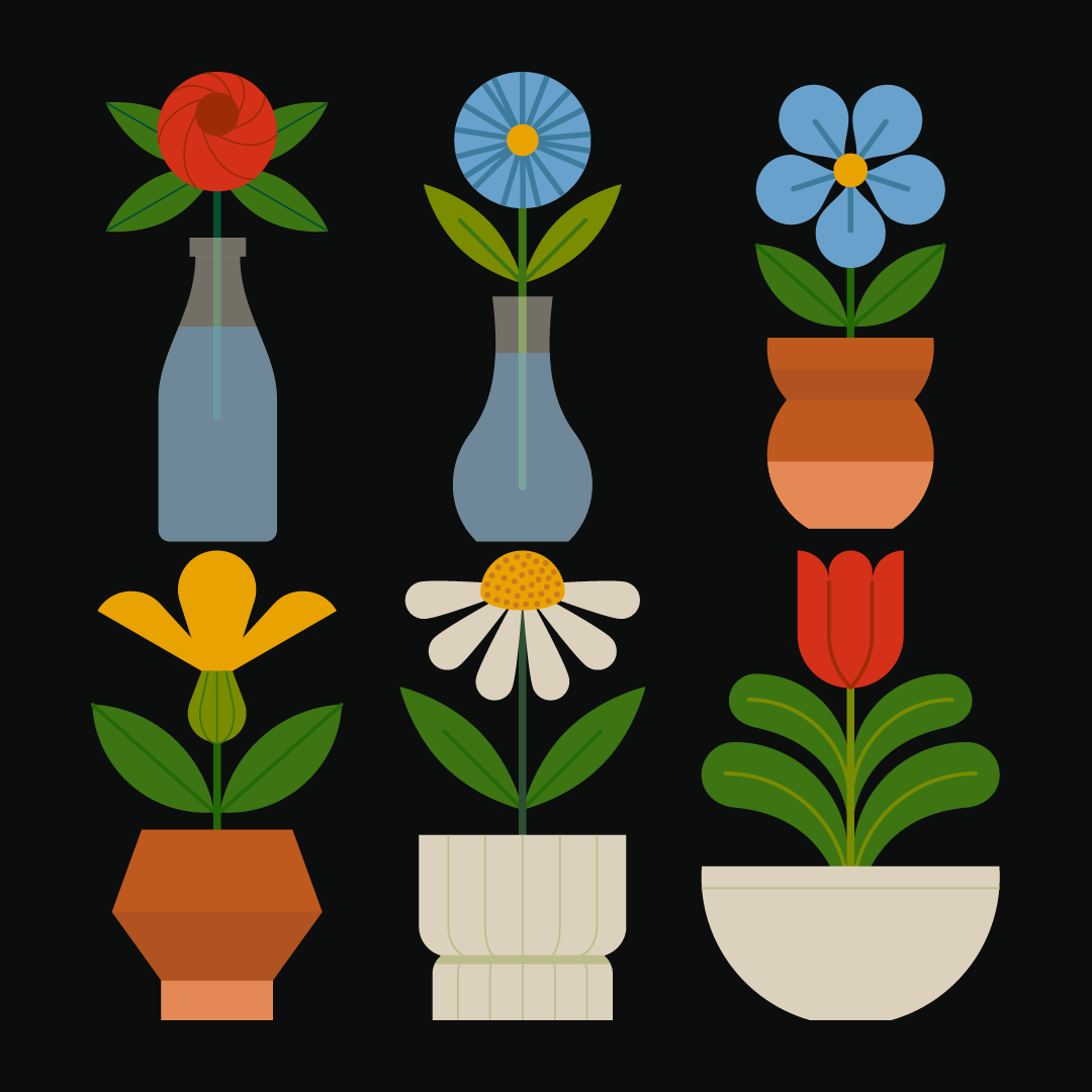 A collage featuring six flowers in vases and pots: a red rose bud, blue daisy, blue forget-me-not, yellow flower, white daisy, and red tulip with green leaves on a black background.