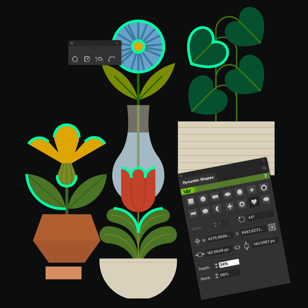 A digital illustration featuring flowers in pots and a vase, alongside a note pad and shape editing tools on a dark background.