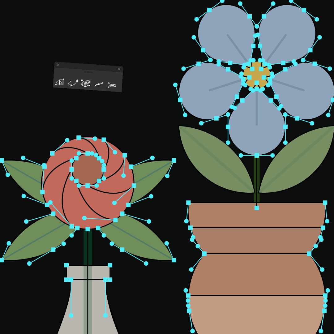 Two stylized flowers in a pot; one red rose and one blue flower with green leaves, both outlined with nodes on black background.