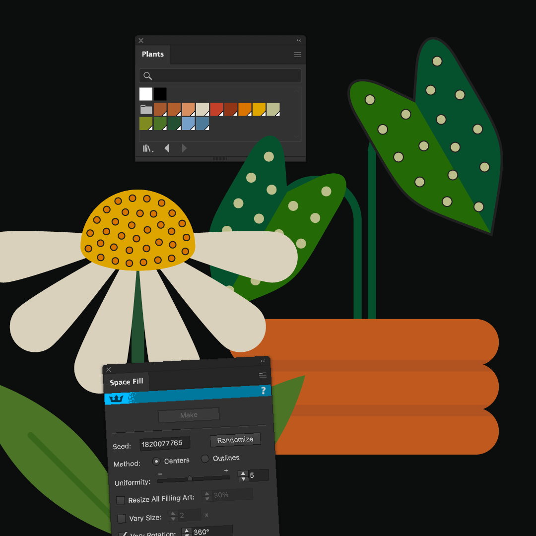 A stylized plant and flower in a terracotta pot are displayed against a black background; digital interface elements for "Plants" and "Space Fill" tools are overlaid.