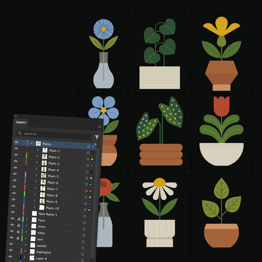 A digital illustration featuring various potted plants and flowers in different pots against a dark background, organized into three rows and four columns.